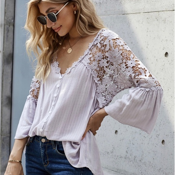Tops - Crochet Flower Lace Button Bell Sleeve Blouse Top